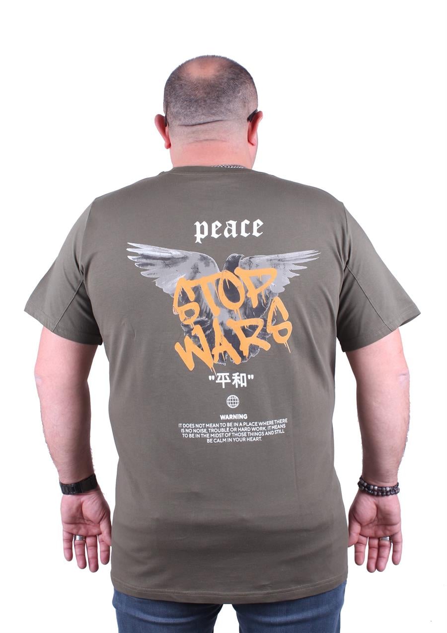 Mocgrande Büyük Beden Sıfır Yaka Tişört Peace 23100 HAKI