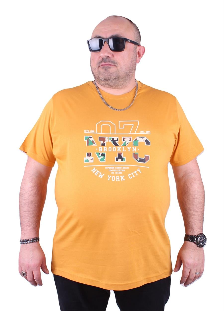 Mocgrande Büyük Beden Sıfır Yaka Tişört Nyc 23115 HARDAL