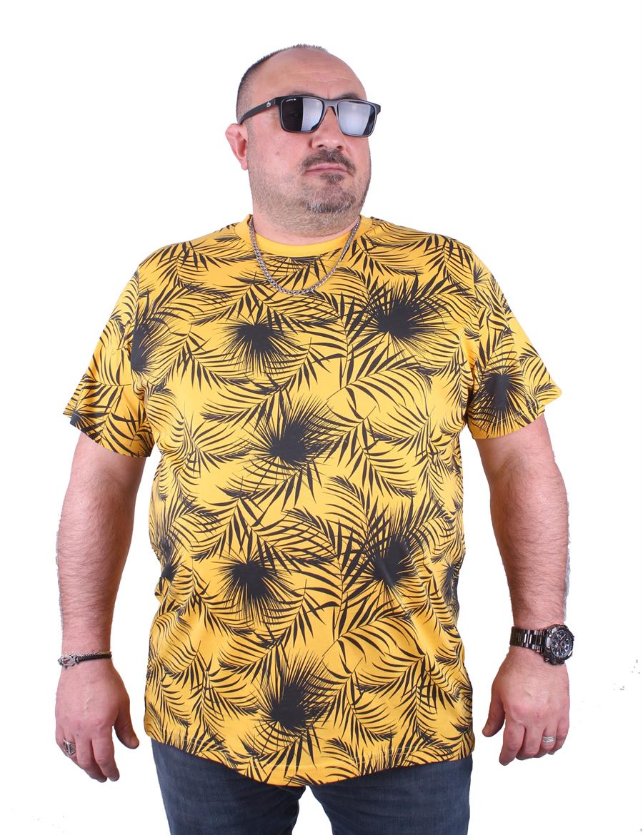 Mocgrande Büyük Beden Sıfır Yaka Tişört Palm Leaf 23148 SARI