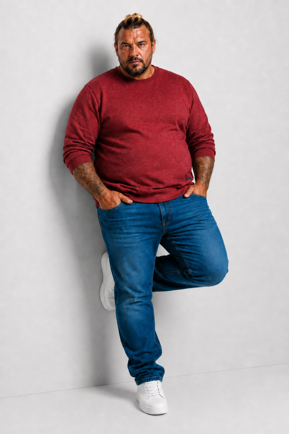 MocGrande Büyük Beden Sweatshirt Bisiklet Yaka Deri Arma 22703 BORDO