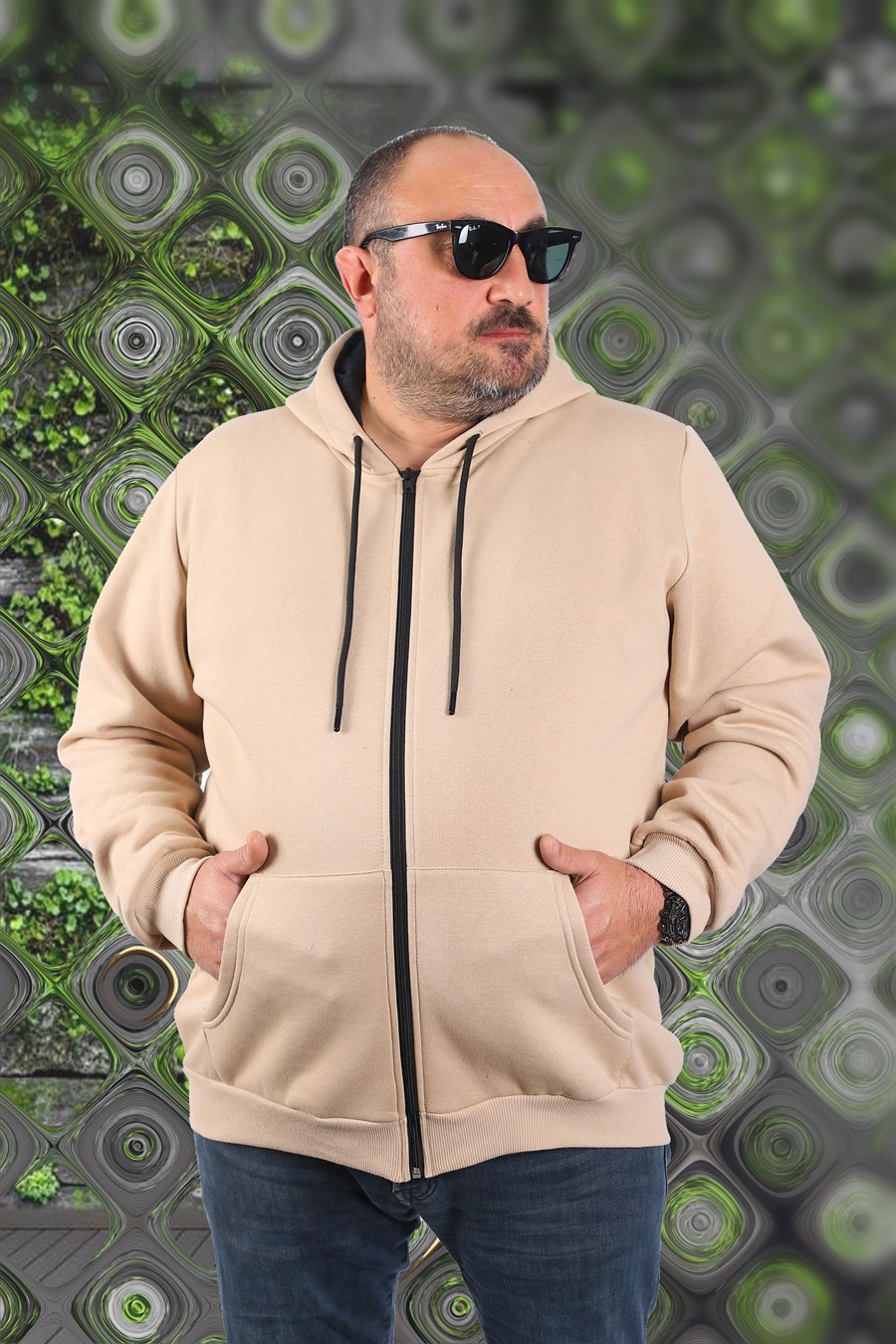 Mocgrande Büyük Beden Unisex Kapüşonlu 3ip Sweat 11701 BEJ