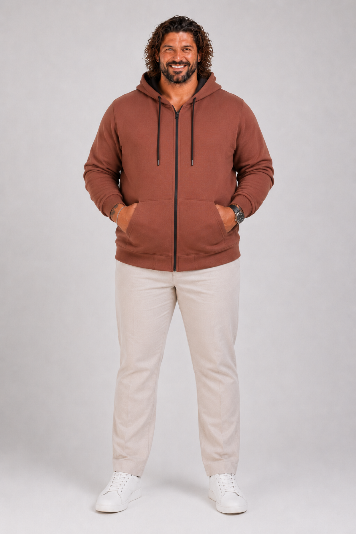 Mocgrande Büyük Beden Unisex Kapüşonlu 3ip Sweat 11701 TABA