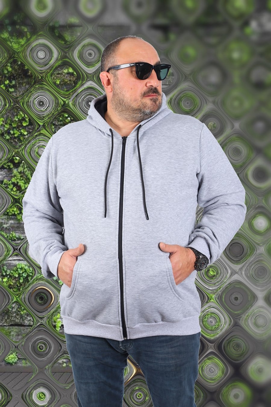 Mocgrande Büyük Beden Unisex Kapüşonlu 3ip Sweat 11701 GRI MELANJ