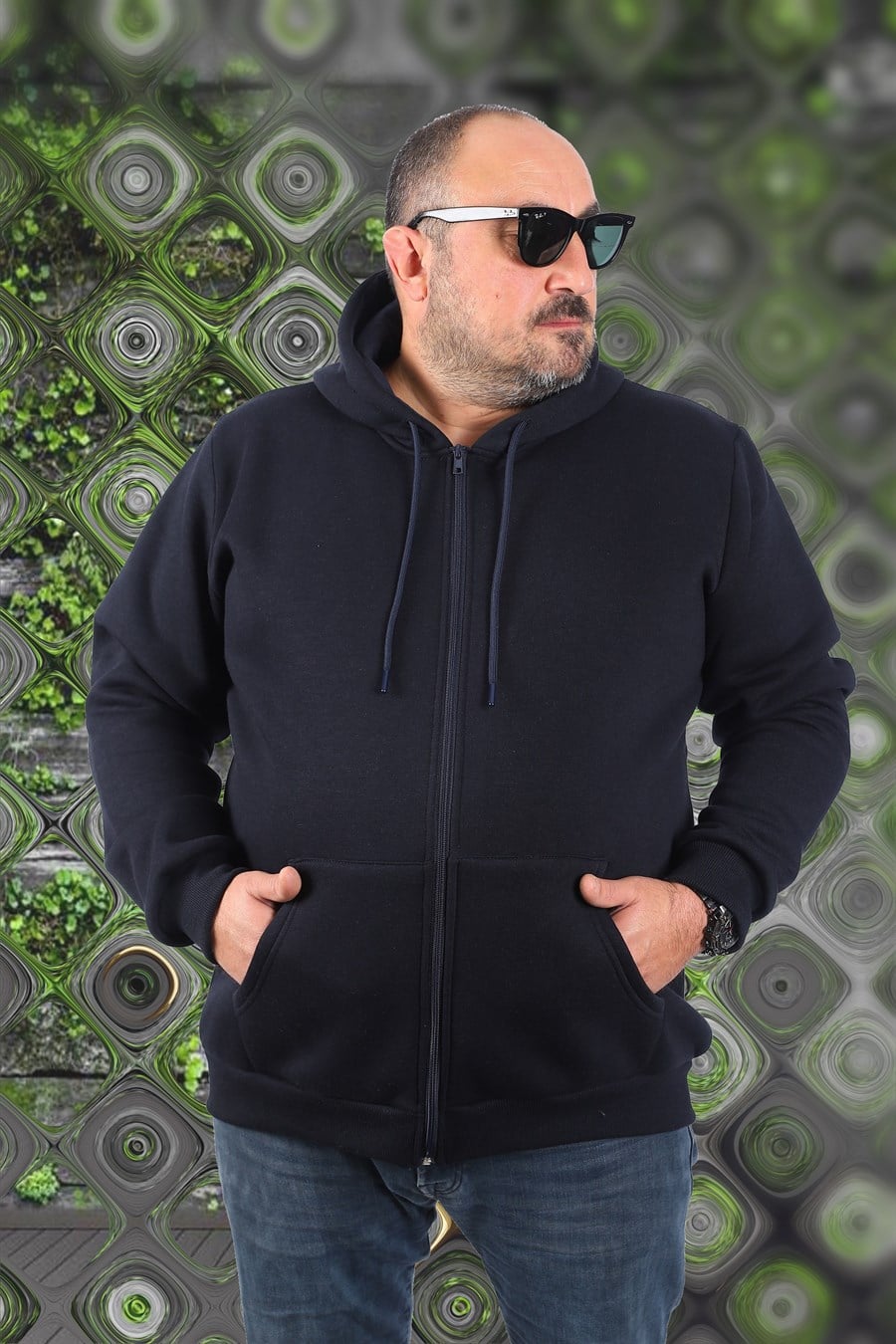 Mocgrande Büyük Beden Unisex Kapüşonlu 3ip Sweat 11701 Koyu Lacivert