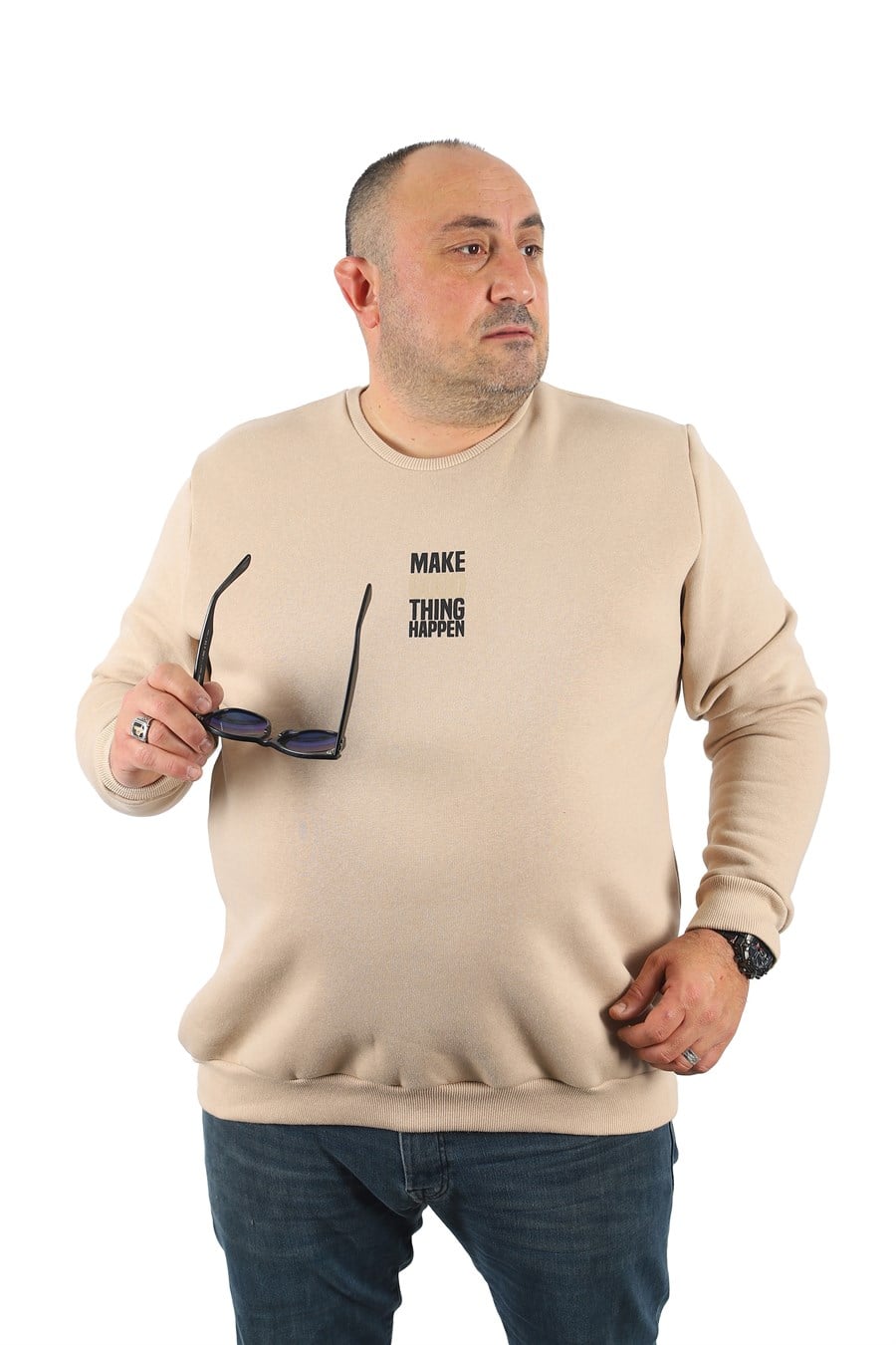 Mocgrande Büyük Beden Unisex Sweat Make Good 22734 BEJ
