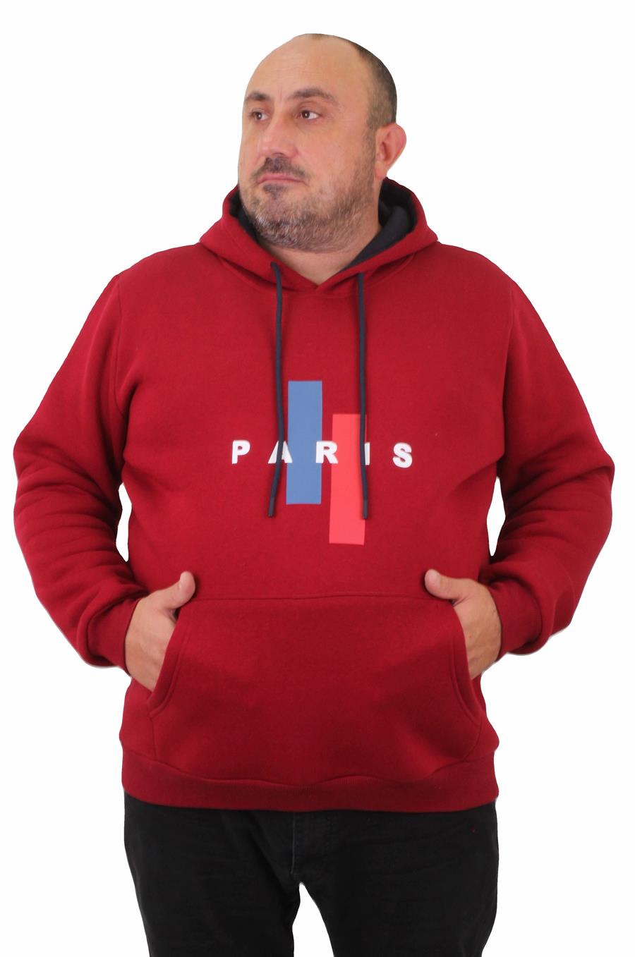 Mocgrande Erkek Büyük Beden Kapuşonlu Sweat Paris 23209 BORDO