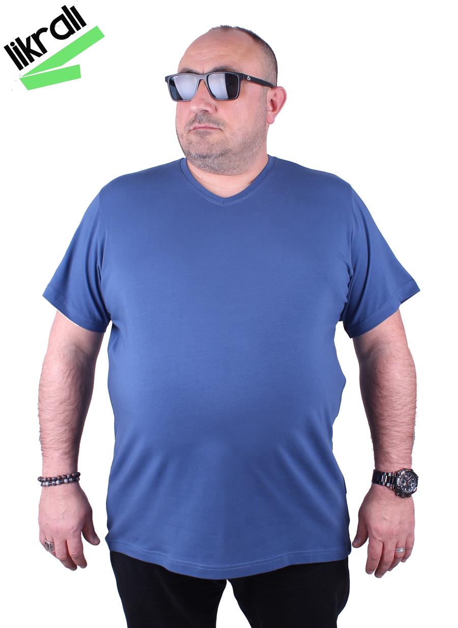 Mocgrande Erkek Büyük Beden Likralı Basic V Yaka Tişört 11170 INDIGO