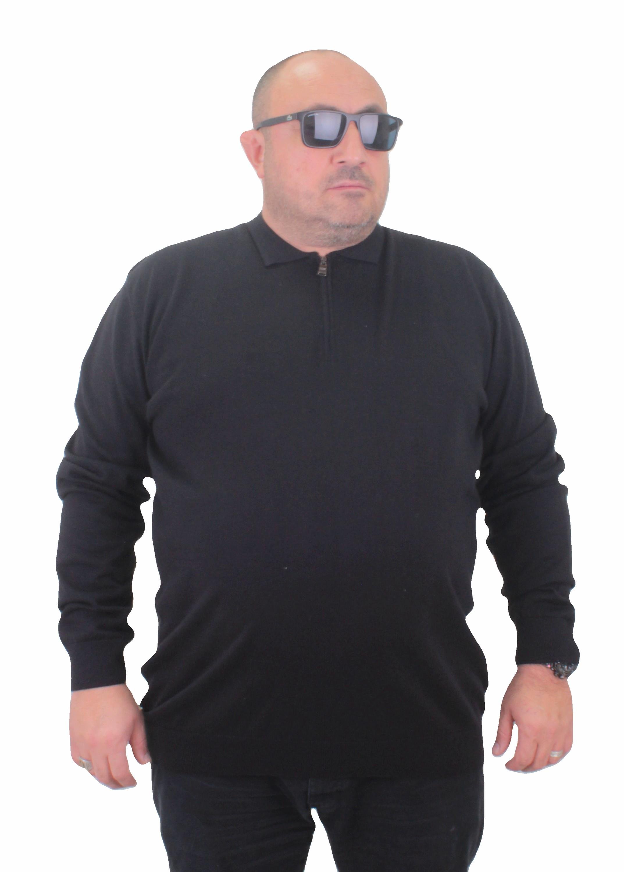 Mocgrande Erkek Büyük Beden Polo Yaka Fermuarlı Triko Kazak 23701 SIYAH