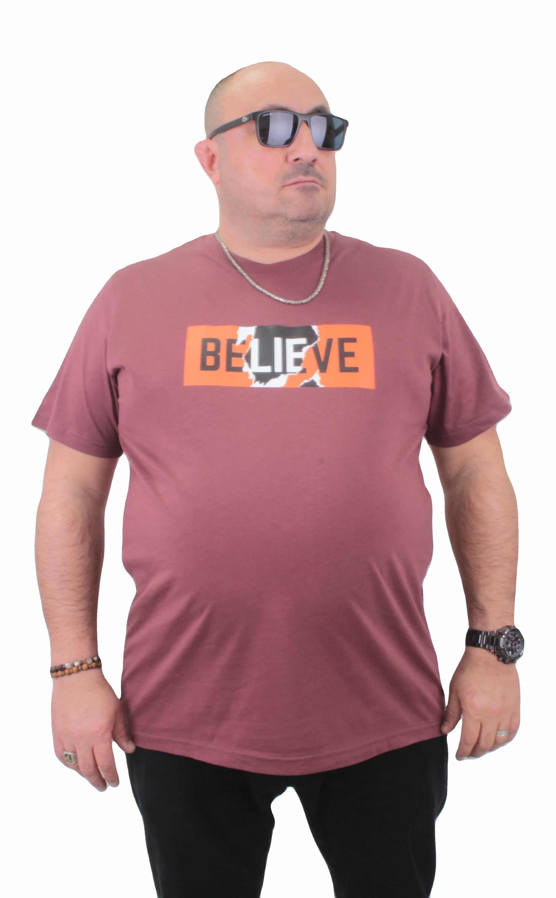 Mocgrande Erkek Büyük Beden Sıfır Yaka Tişört Believe 23180 Eflatun