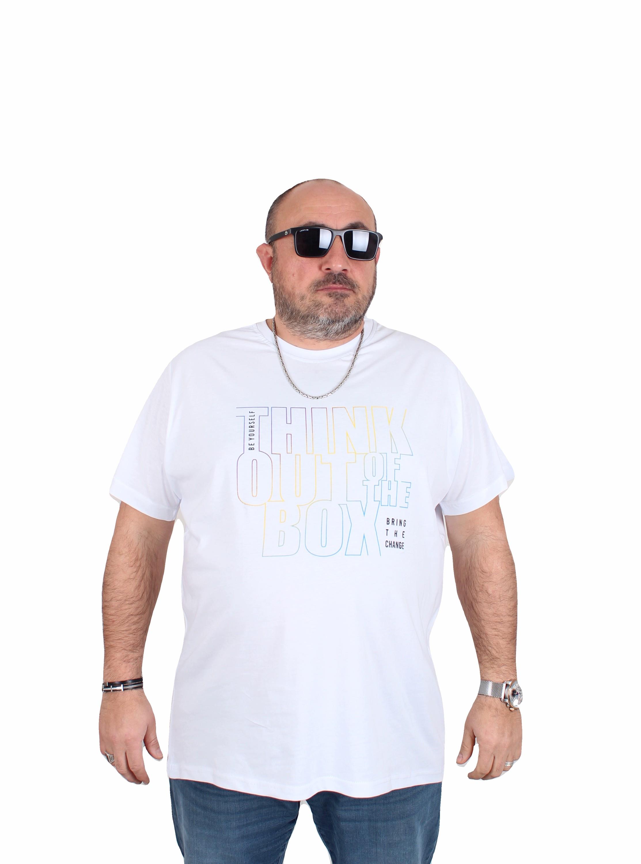 Mocgrande Erkek Büyük Beden Sıfır Yaka Tişört Think Out Box 25163 BEYAZ