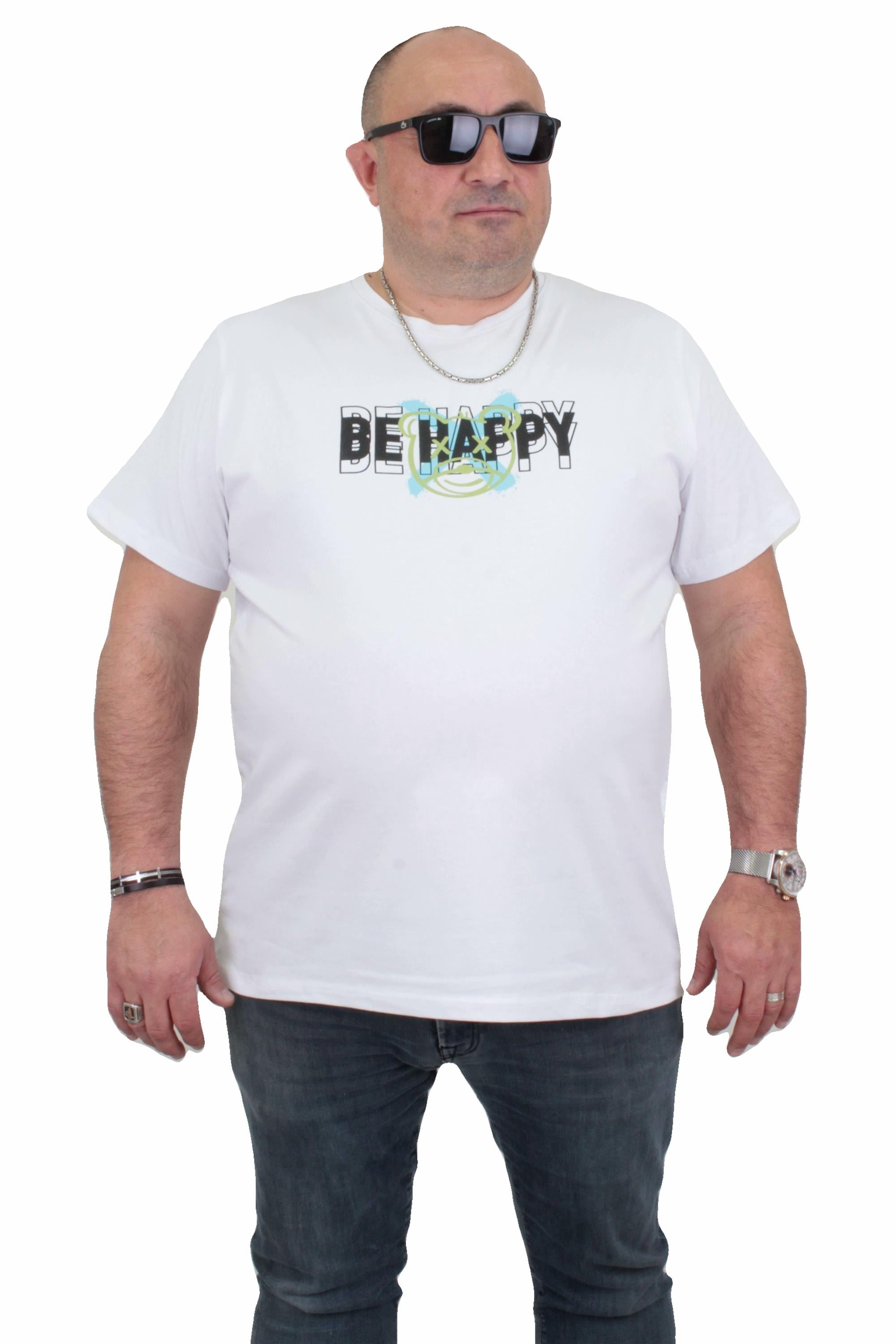 Mocgrande Erkek Büyük Beden Sıfır Yaka Tişört Be Happy 24131 BEYAZ
