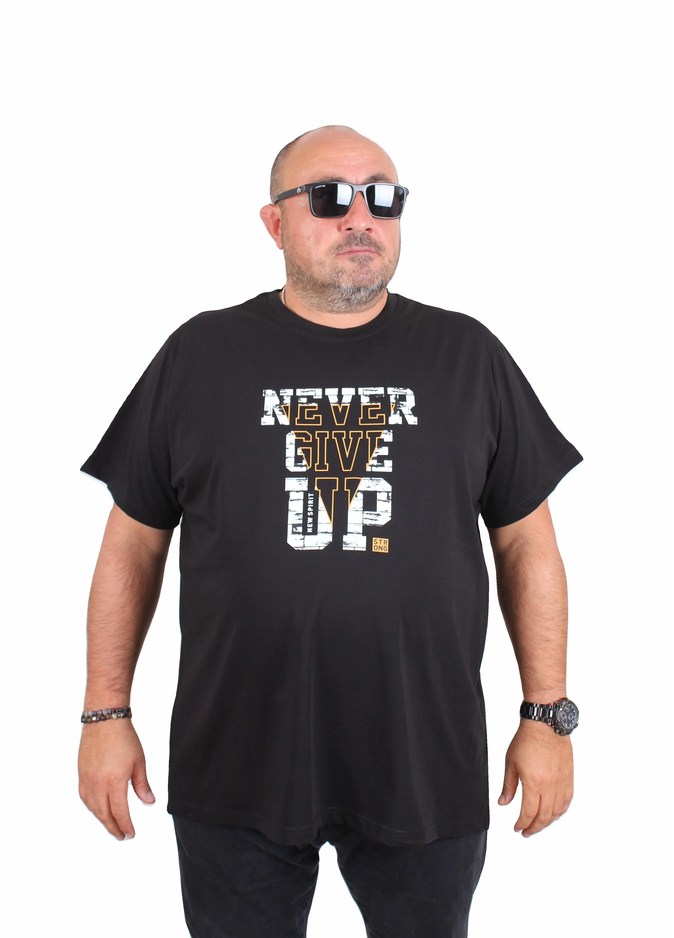 Mocgrande Erkek Büyük Beden Sıfır Yaka Tişört Never Give Up 25182 SIYAH