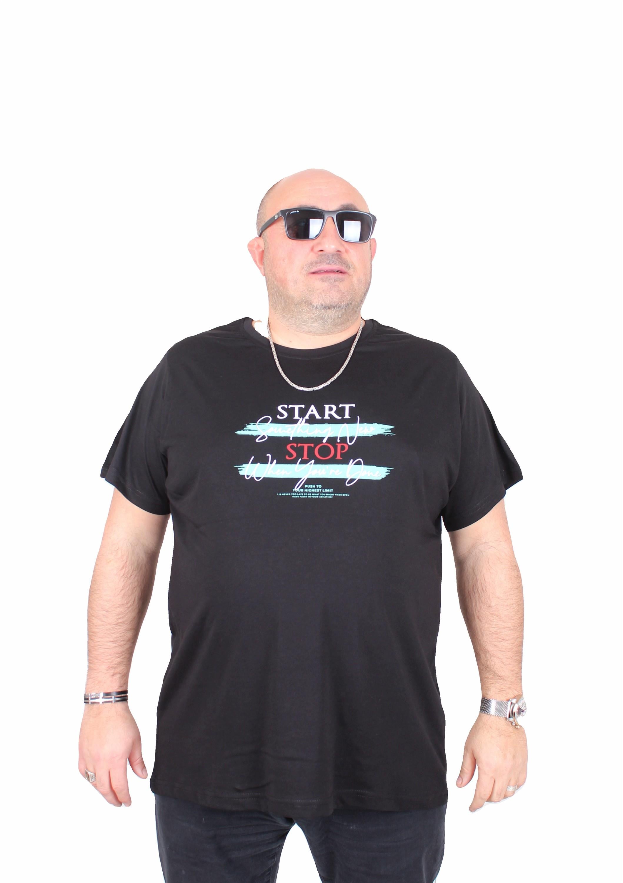 Mocgrande Erkek Büyük Beden Sıfır Yaka Tişört Start Stop 25178 SIYAH