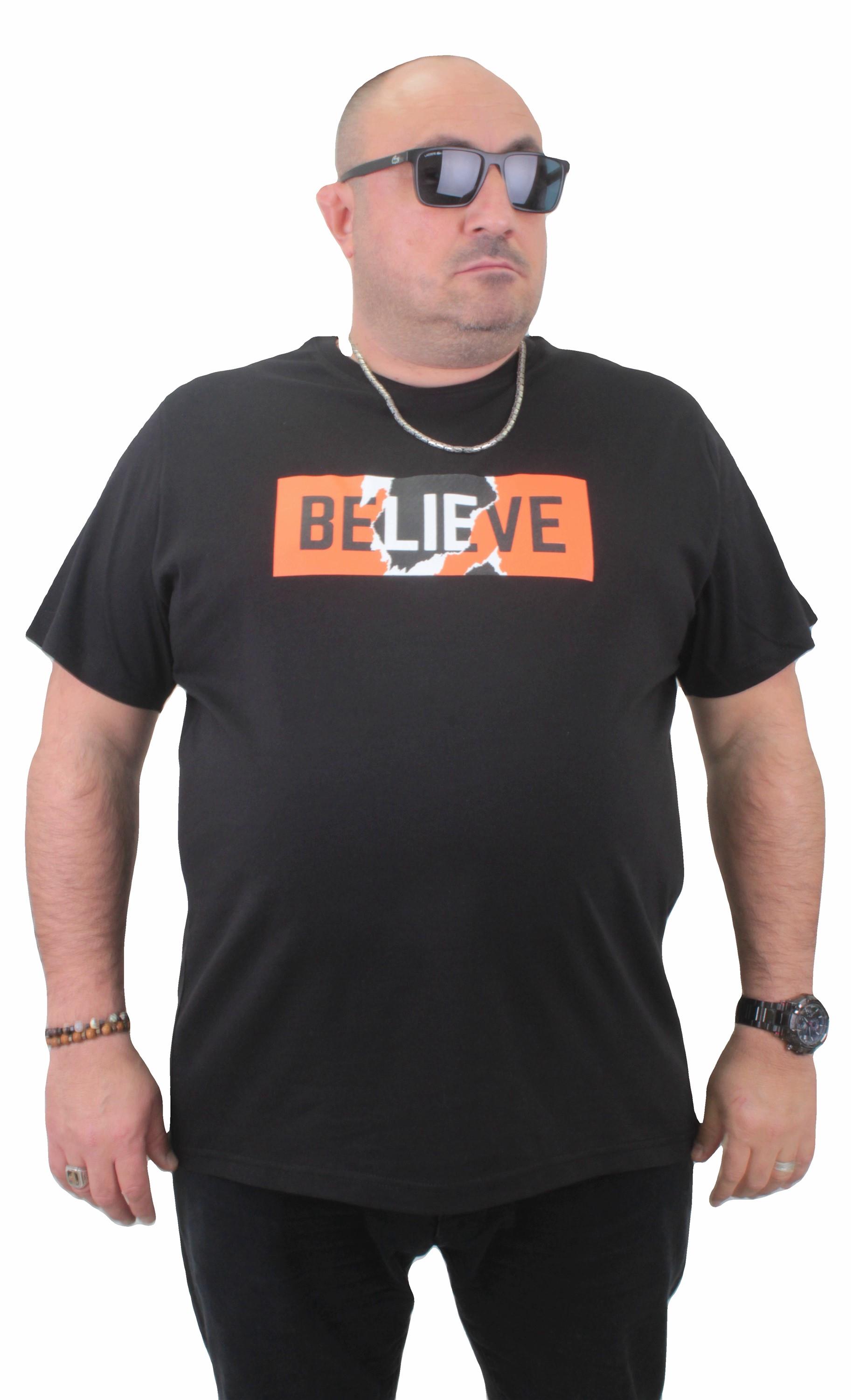 Mocgrande Erkek Büyük Beden Sıfır Yaka Tişört Believe 23180 SIYAH