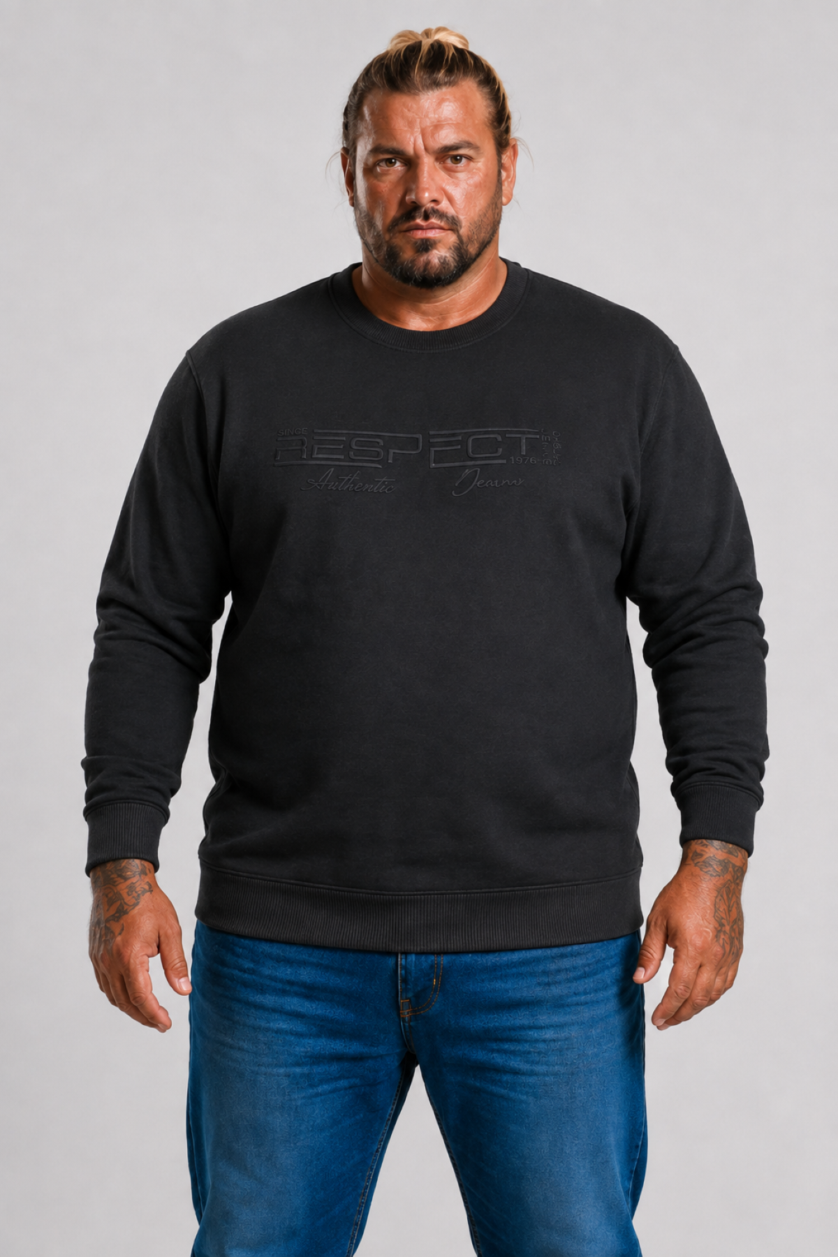 Mocgrande Erkek Büyük Beden Sıfır Yaka 3ip Sweat Respect 24205 SIYAH