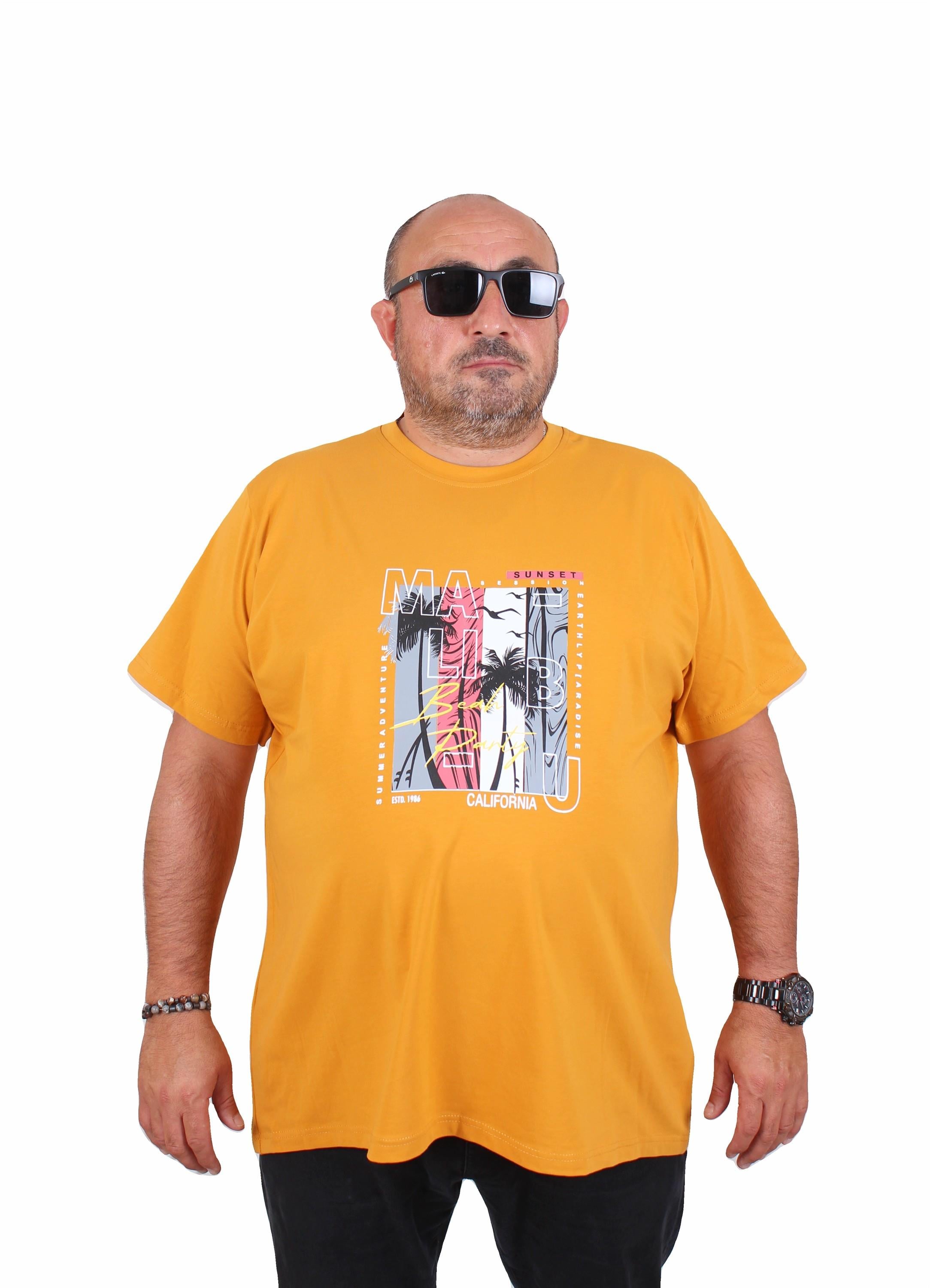 Mocgrande Erkek Büyük Beden Sıfır Yaka Tişört Beach Party 25191 HARDAL