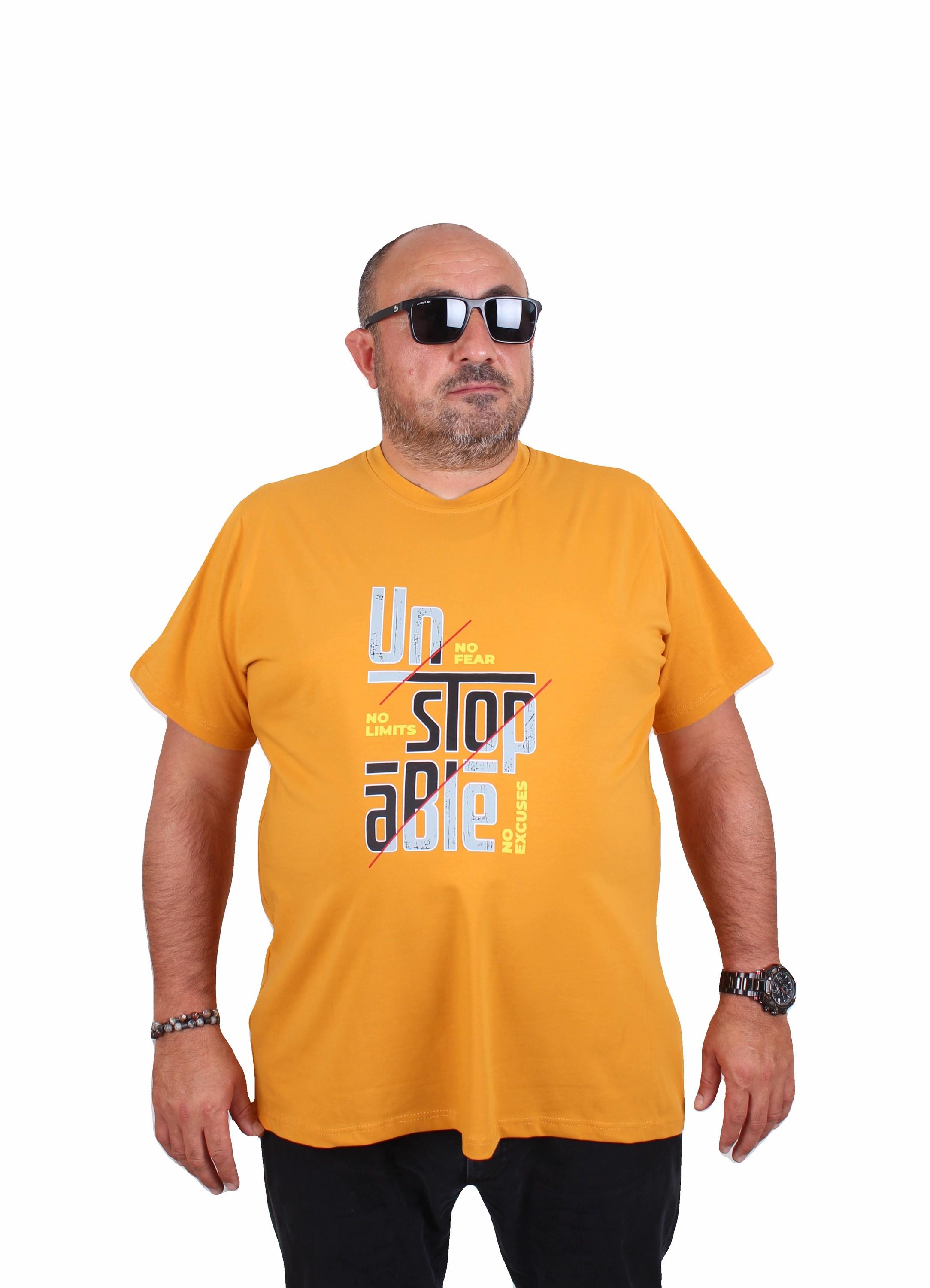 Mocgrande Erkek Büyük Beden Sıfır Yaka Tişört Un Stop Able 25181 HARDAL