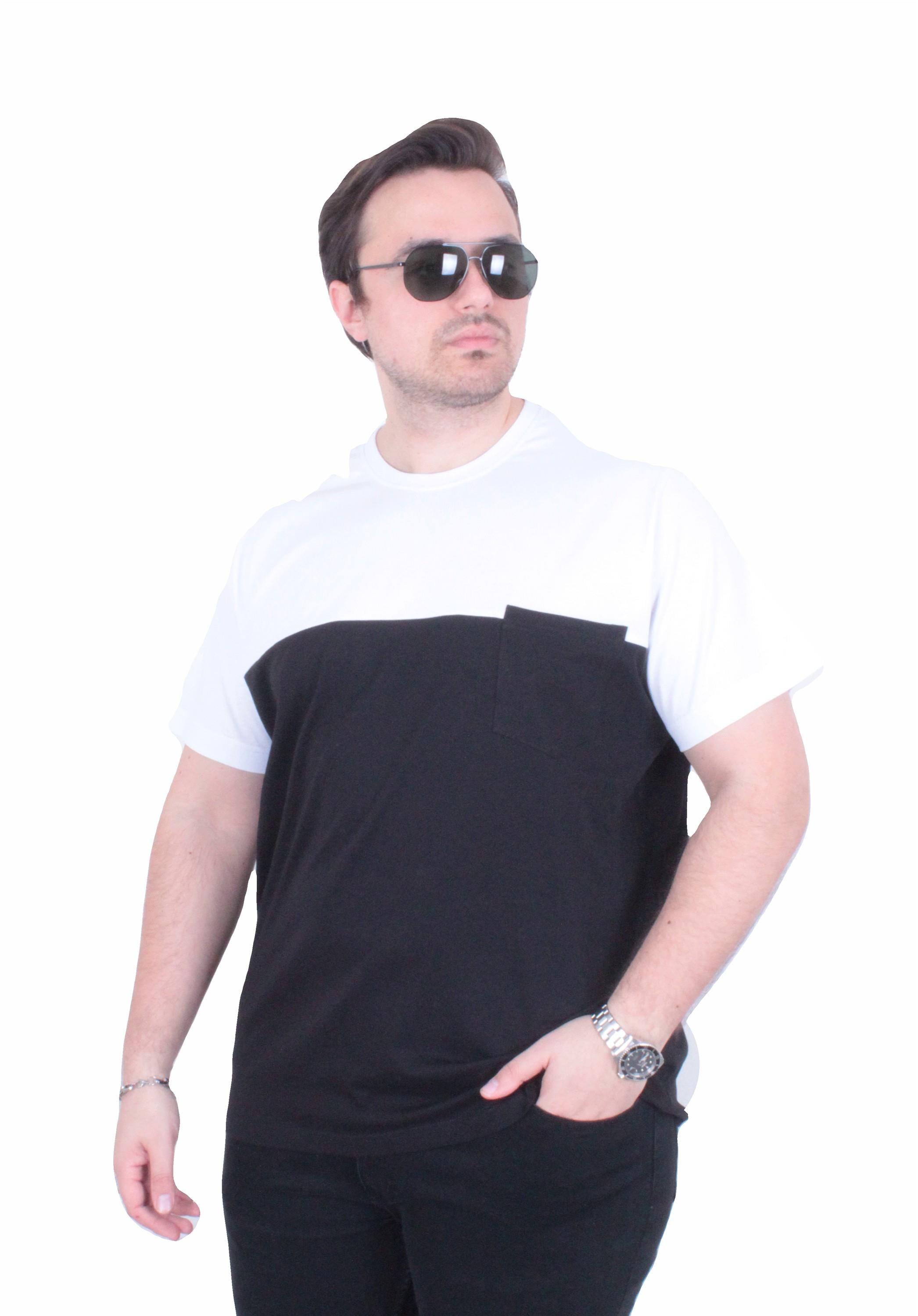 Mocgrande Erkek Büyük Beden Sıfır Yaka Tişört Cepli Parçalı 26144 SIYAH
