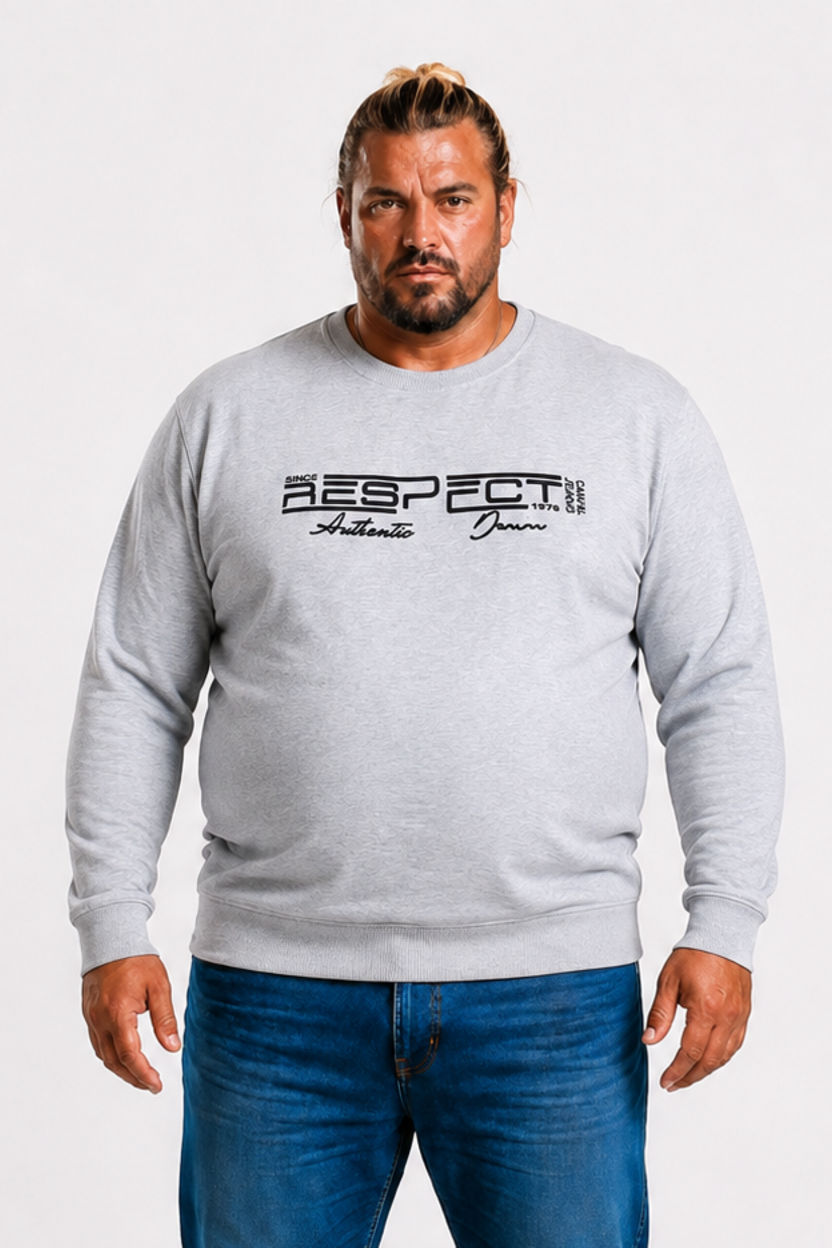 Mocgrande Erkek Büyük Beden Sıfır Yaka 3ip Sweat Respect 24205 GRI MELANJ