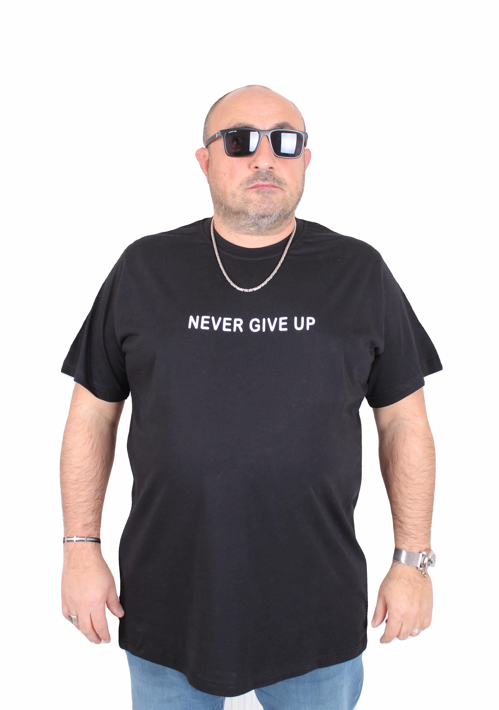 Mocgrande Erkek Büyük Beden Sıfır Yaka Tişört Never Give Up 25140 SIYAH