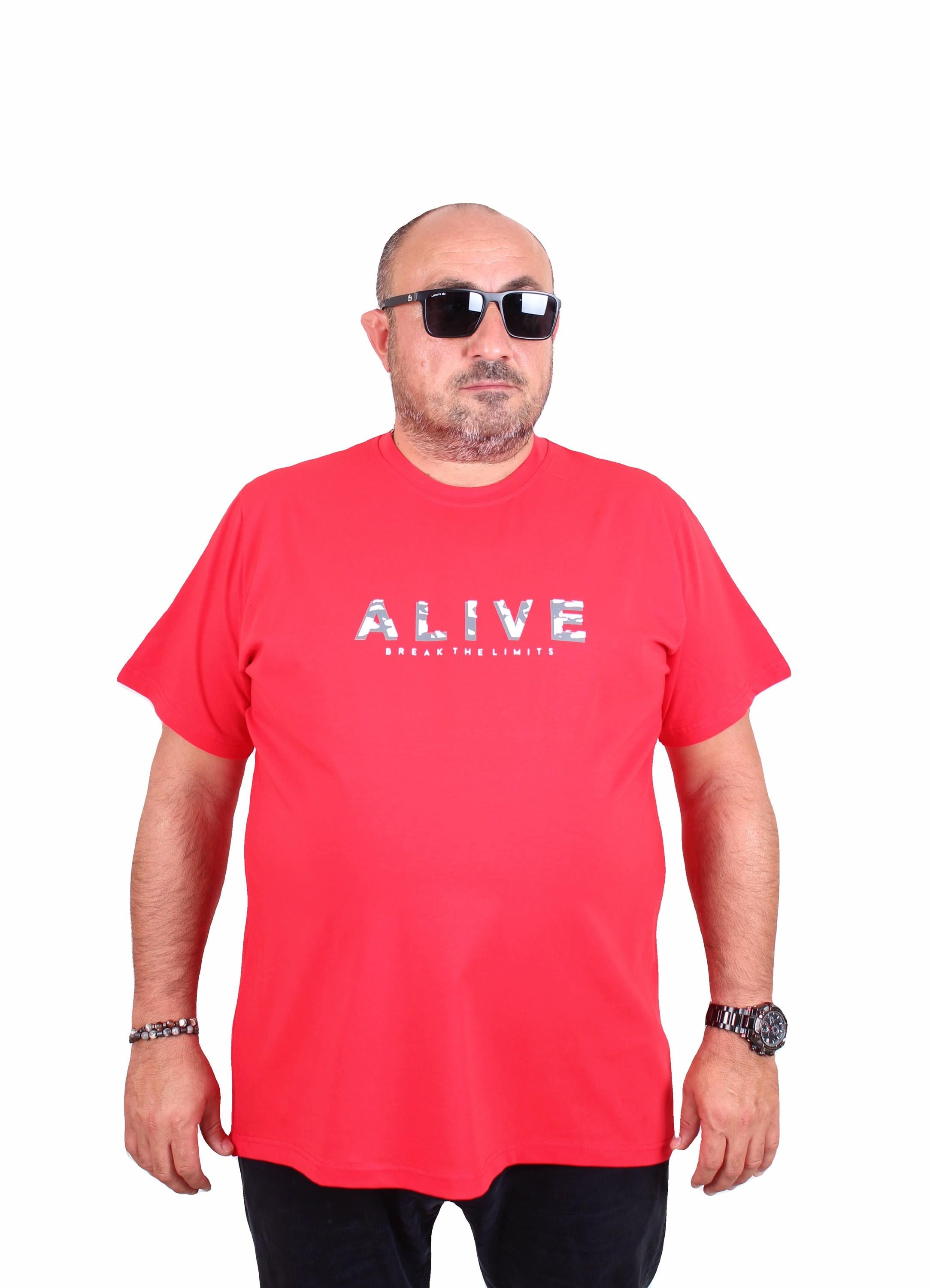 Mocgrande Erkek Büyük Beden Sıfır Yaka Tişört Alive 25187 KIRMIZI