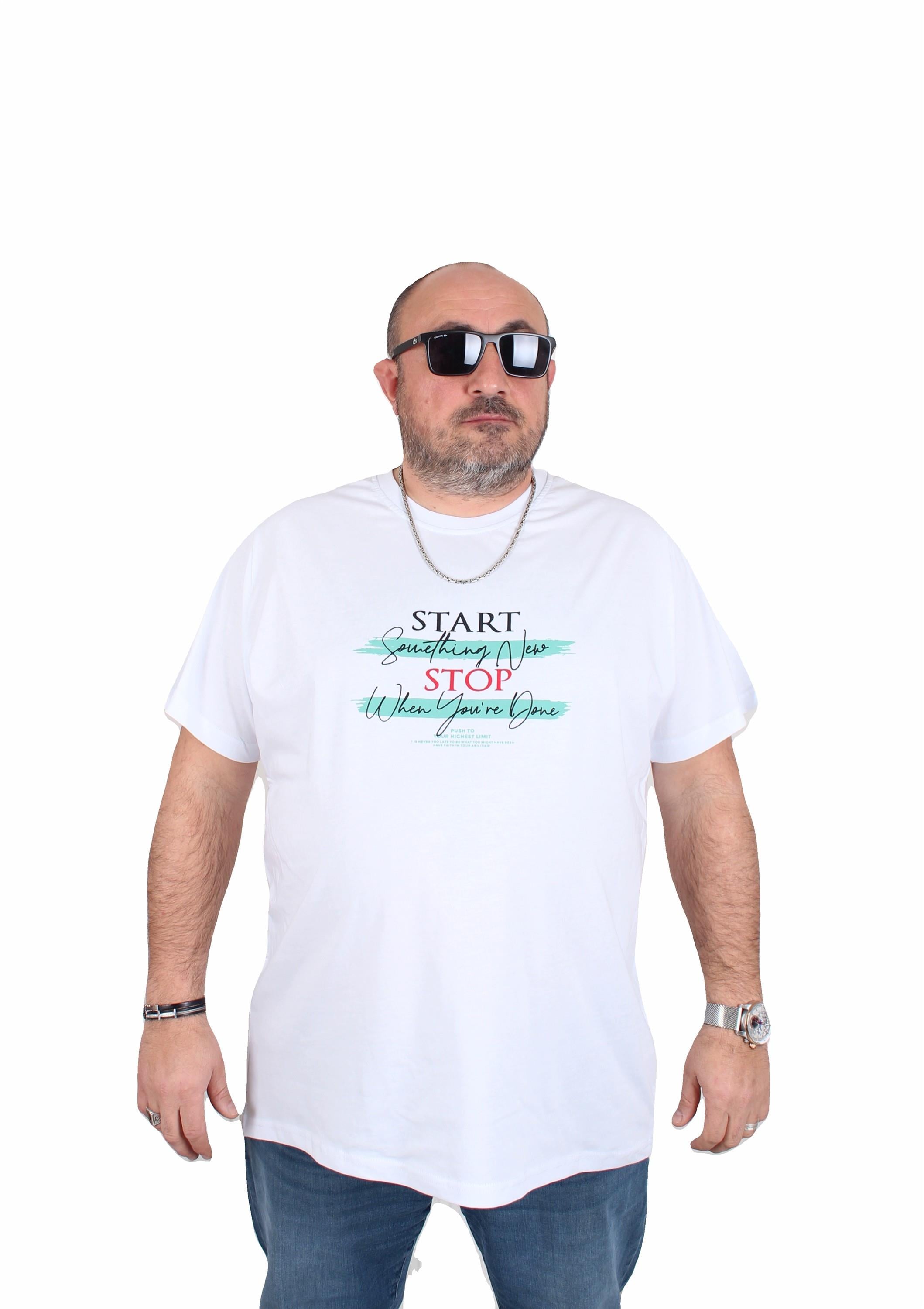 Mocgrande Erkek Büyük Beden Sıfır Yaka Tişört Start Stop 25178 BEYAZ