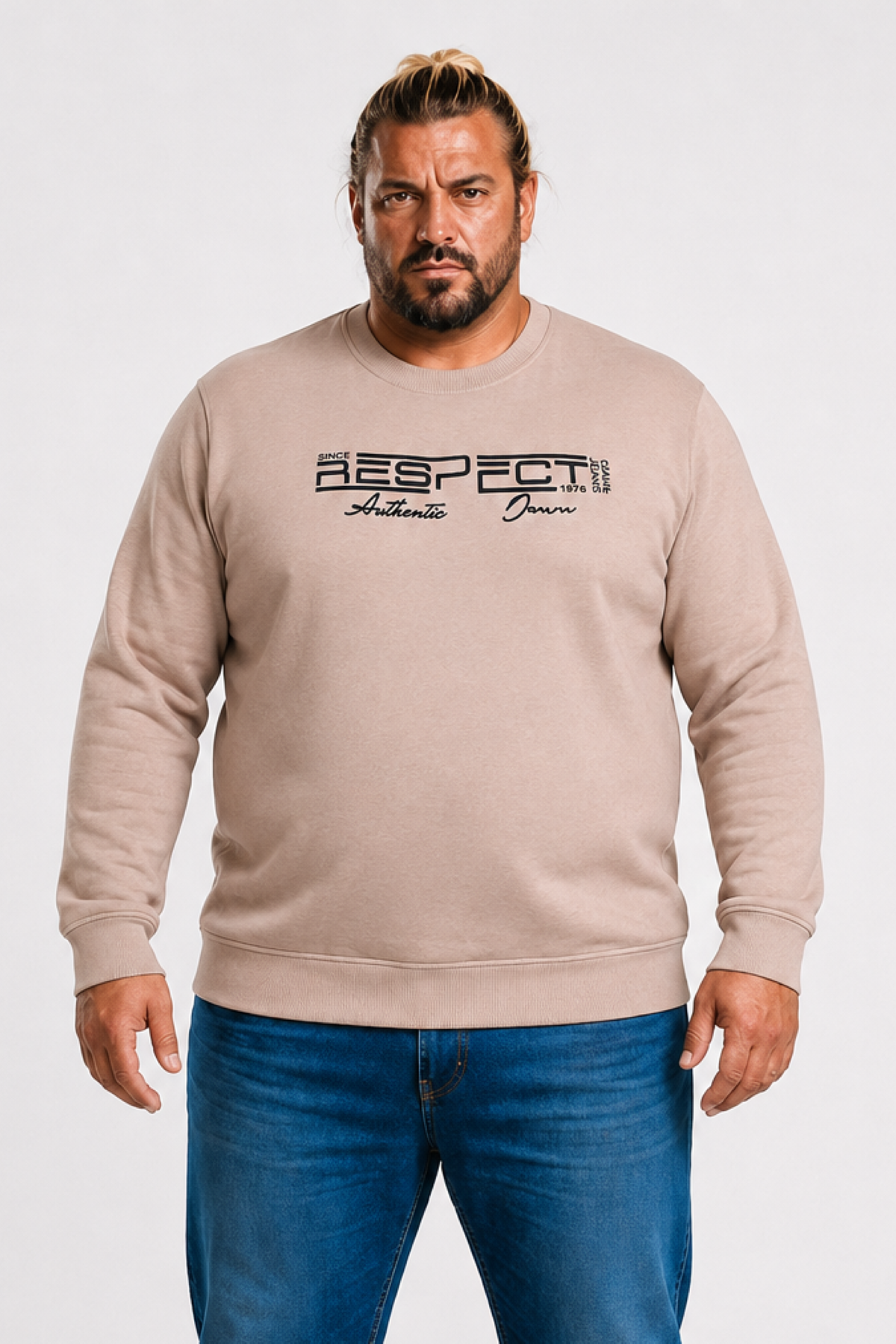 Mocgrande Erkek Büyük Beden Sıfır Yaka 3ip Sweat Respect 24205 CAMEL