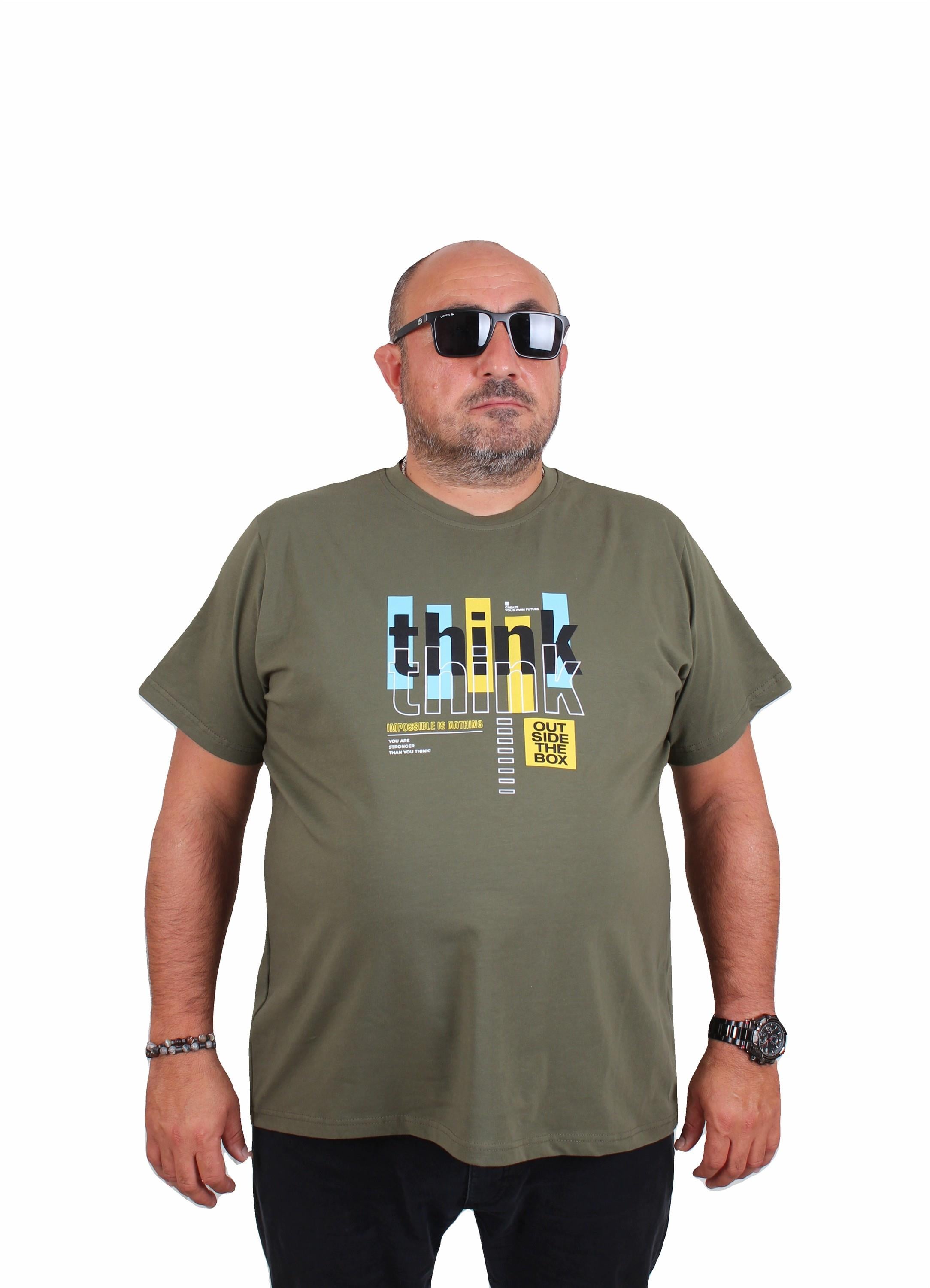 Mocgrande Erkek Büyük Beden Sıfır Yaka Tişört Think 25184 HAKI