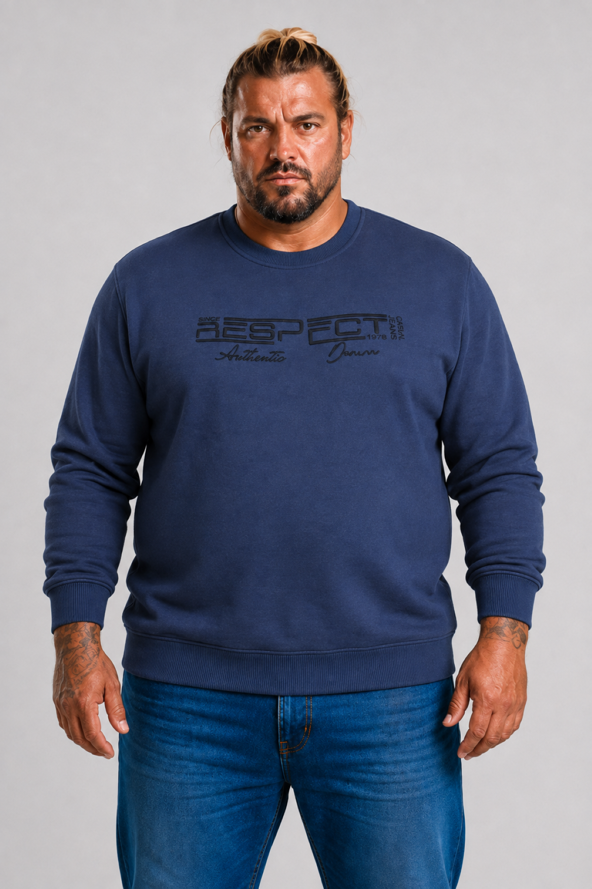 Mocgrande Erkek Büyük Beden Sıfır Yaka 3ip Sweat Respect 24205 INDIGO
