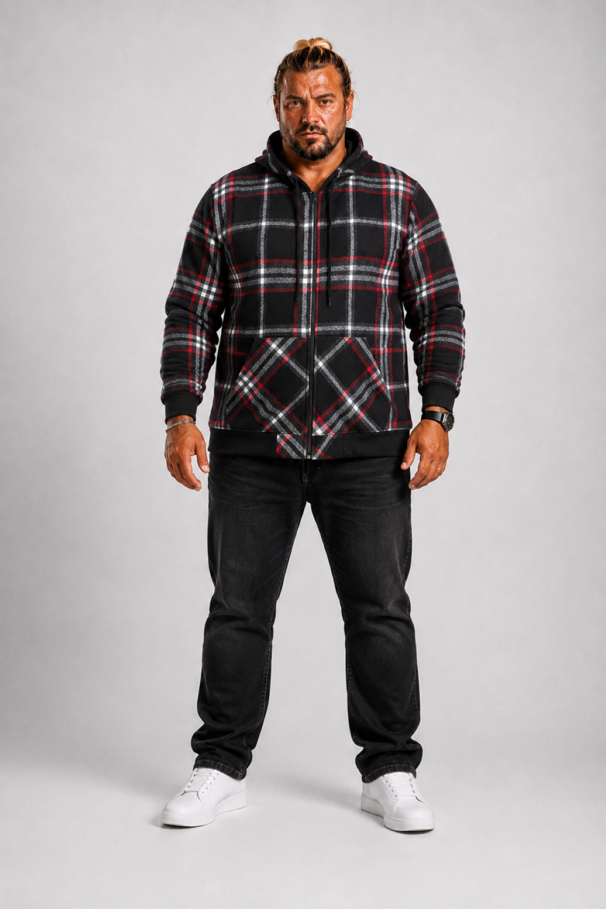 MocGrande Kangaroo Pocket Oduncu Sweat-Gömlek Stripe 22209 SIYAH