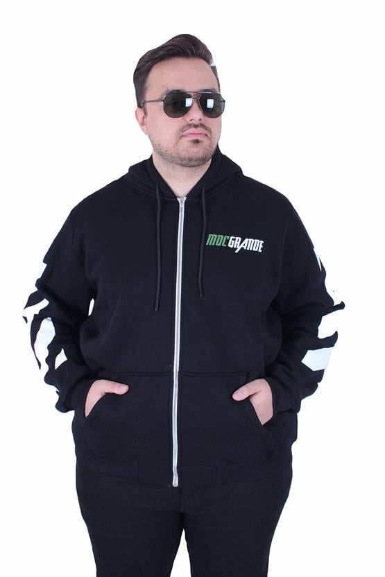 MocGrande Büyük Beden Kapüşonlu Fermuarlı 3ip Sweat MG 25718 SIYAH