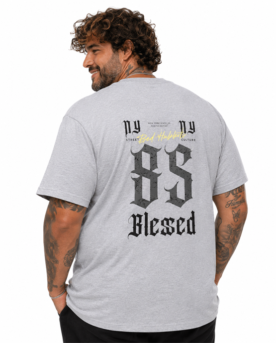 Mocgrande Erkek Büyük Beden Sıfır Yaka Tişört Blessed 26147 GRI MELANJ