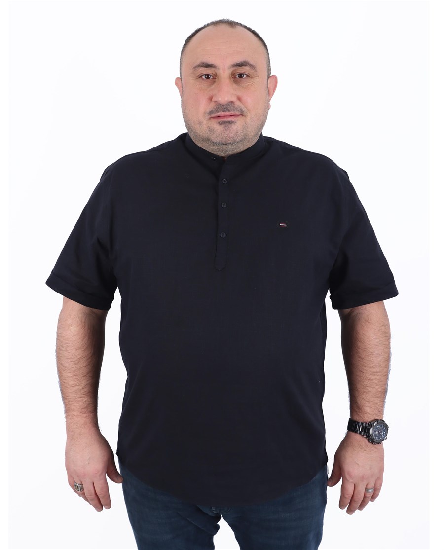 Büyük Beden Erkek Gömlek Hakim Yaka Kısa Kol Siyah 22309-4