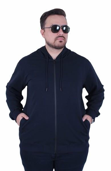 Mocgrande Büyük Beden Basic Mevsimlik Fermuarlı Kapüşonlu Sweat 22751 LACIVERT