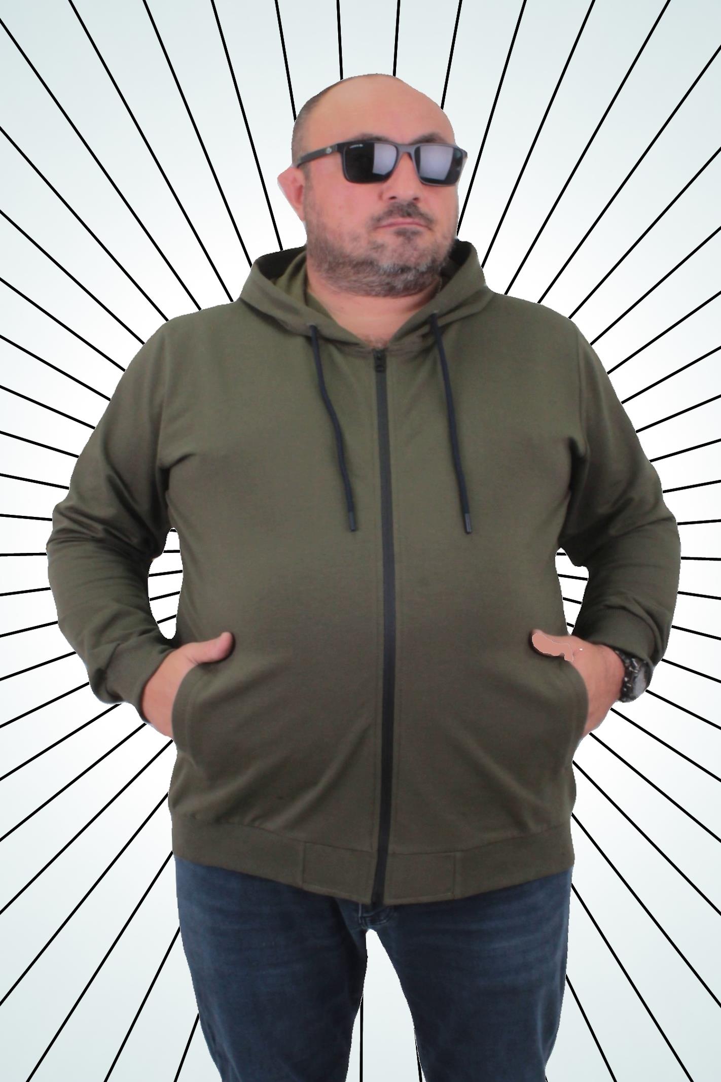 Mocgrande Büyük Beden Basic Mevsimlik Fermuarlı Kapüşonlu Sweat 22751 HAKI