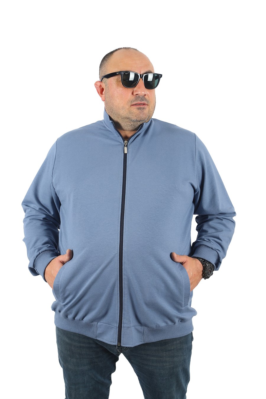 Mocgrande Büyük Beden Basic Mevsimlik Fermuarlı Sweatshirt 22750 MAVI