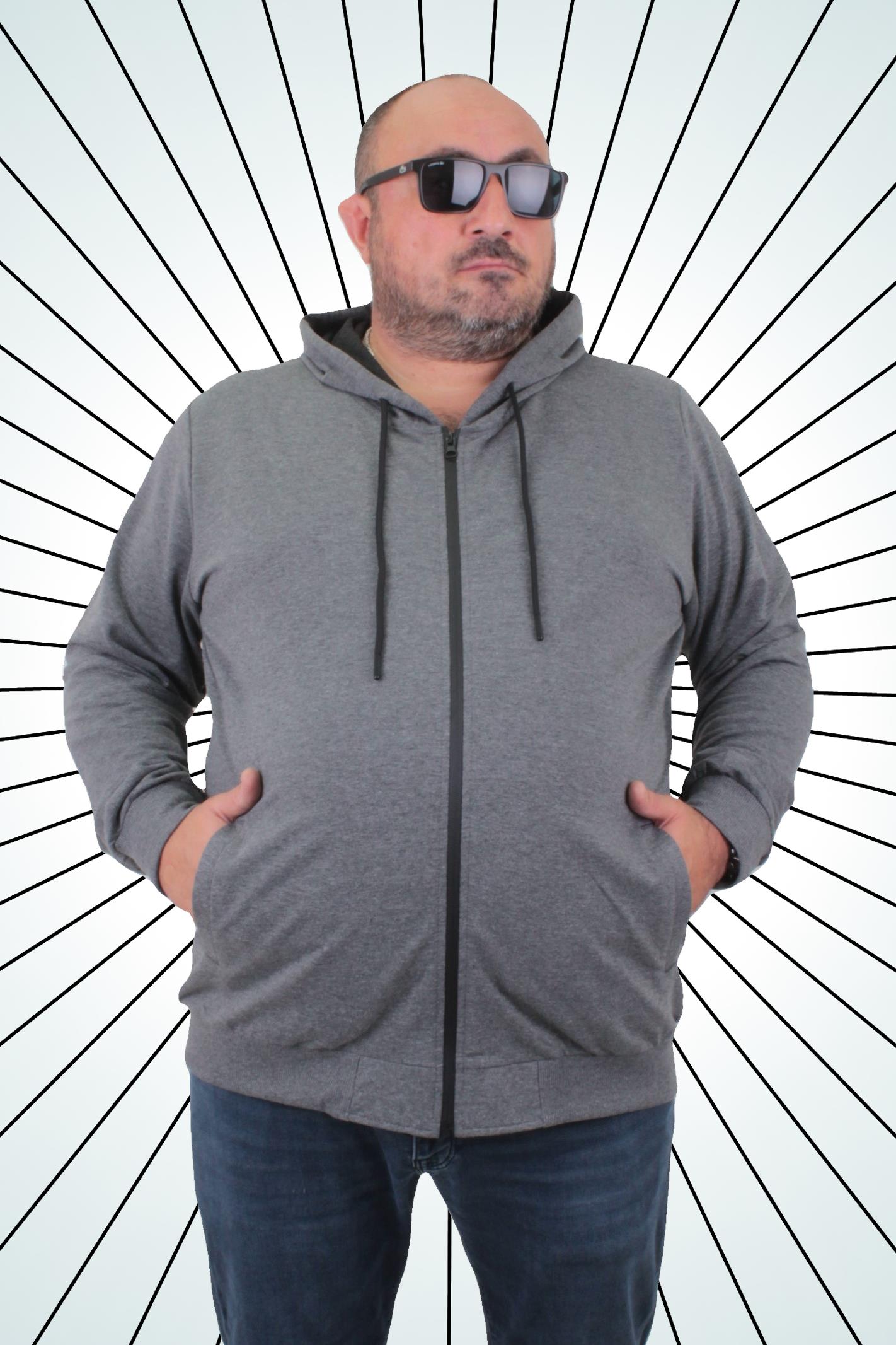 Mocgrande Büyük Beden Basic Mevsimlik Fermuarlı Kapüşonlu Sweat 22751 GRI MELANJ