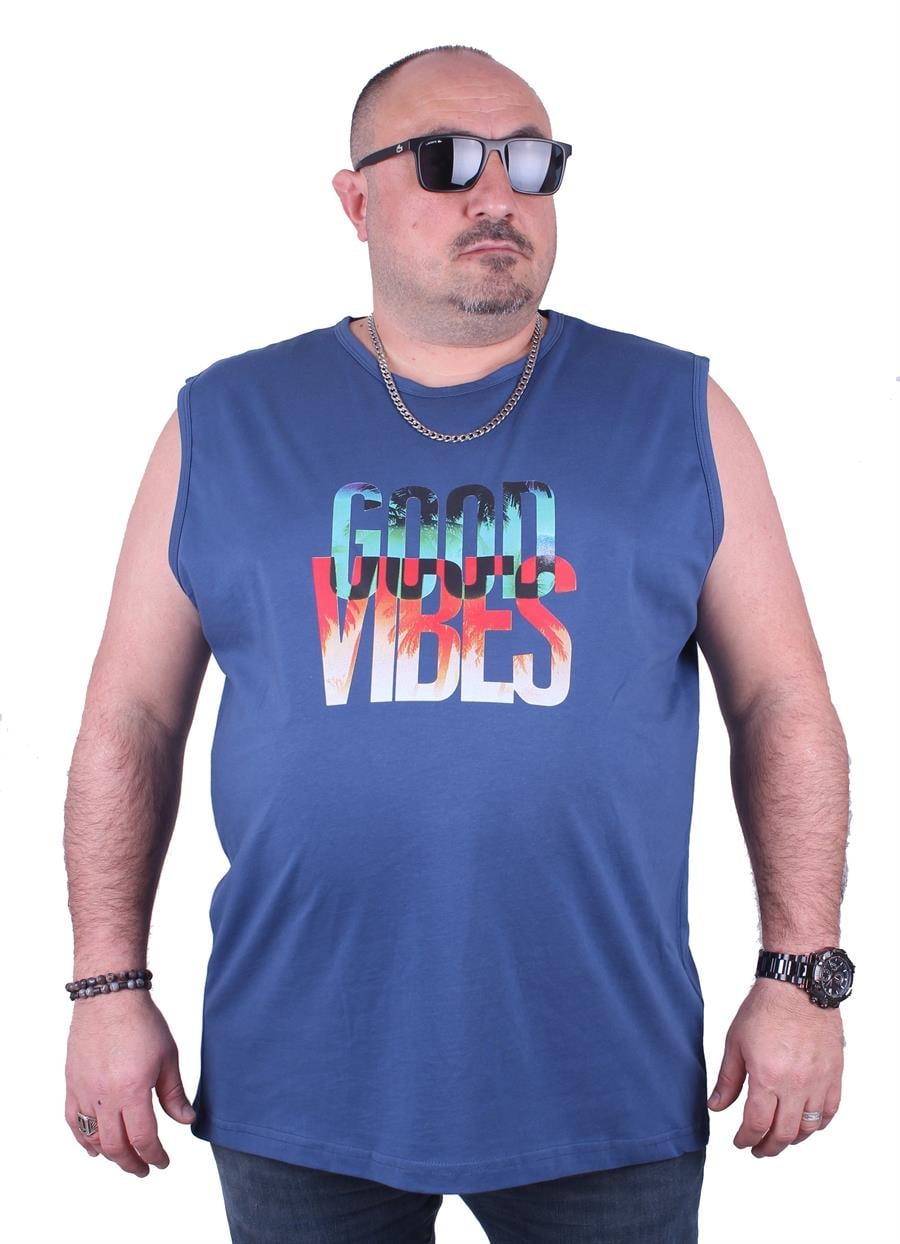 Mocgrande Büyük Beden Erkek Baskılı Kolsuz Tişört Good Vibes 23141 INDIGO