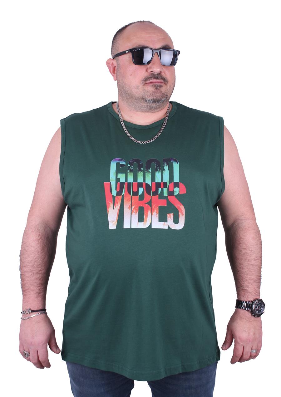 Mocgrande Büyük Beden Erkek Baskılı Kolsuz Tişört Good Vibes 23141 HAKI