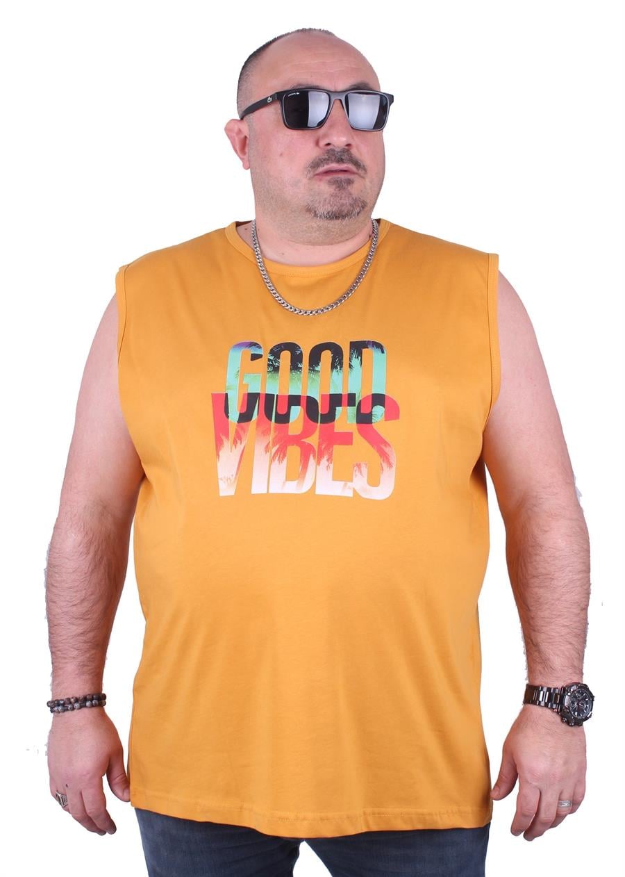 Mocgrande Büyük Beden Erkek Baskılı Kolsuz Tişört Good Vibes 23141 HARDAL