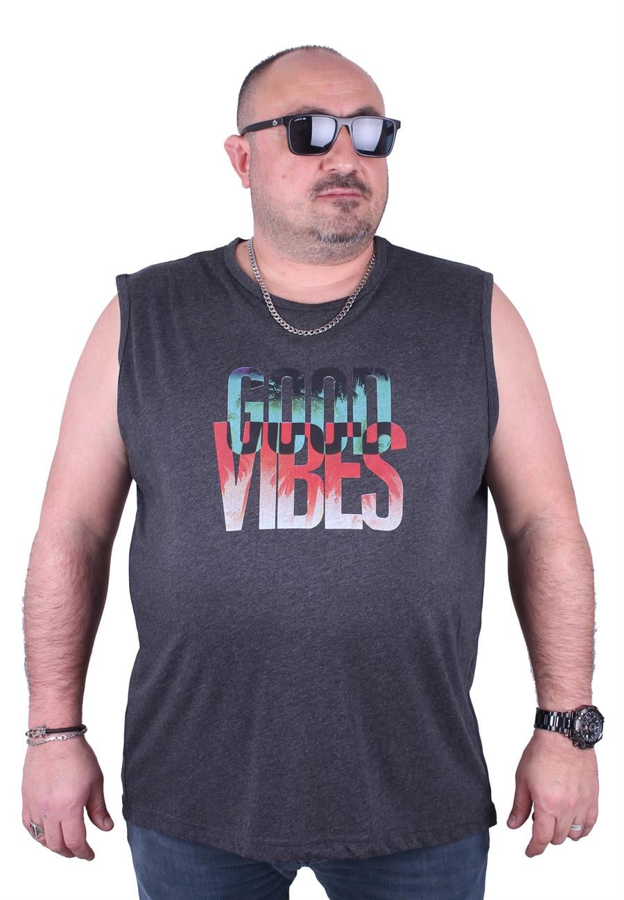Mocgrande Büyük Beden Erkek Baskılı Kolsuz Tişört Good Vibes 23141 ANTRASİT MELANJ