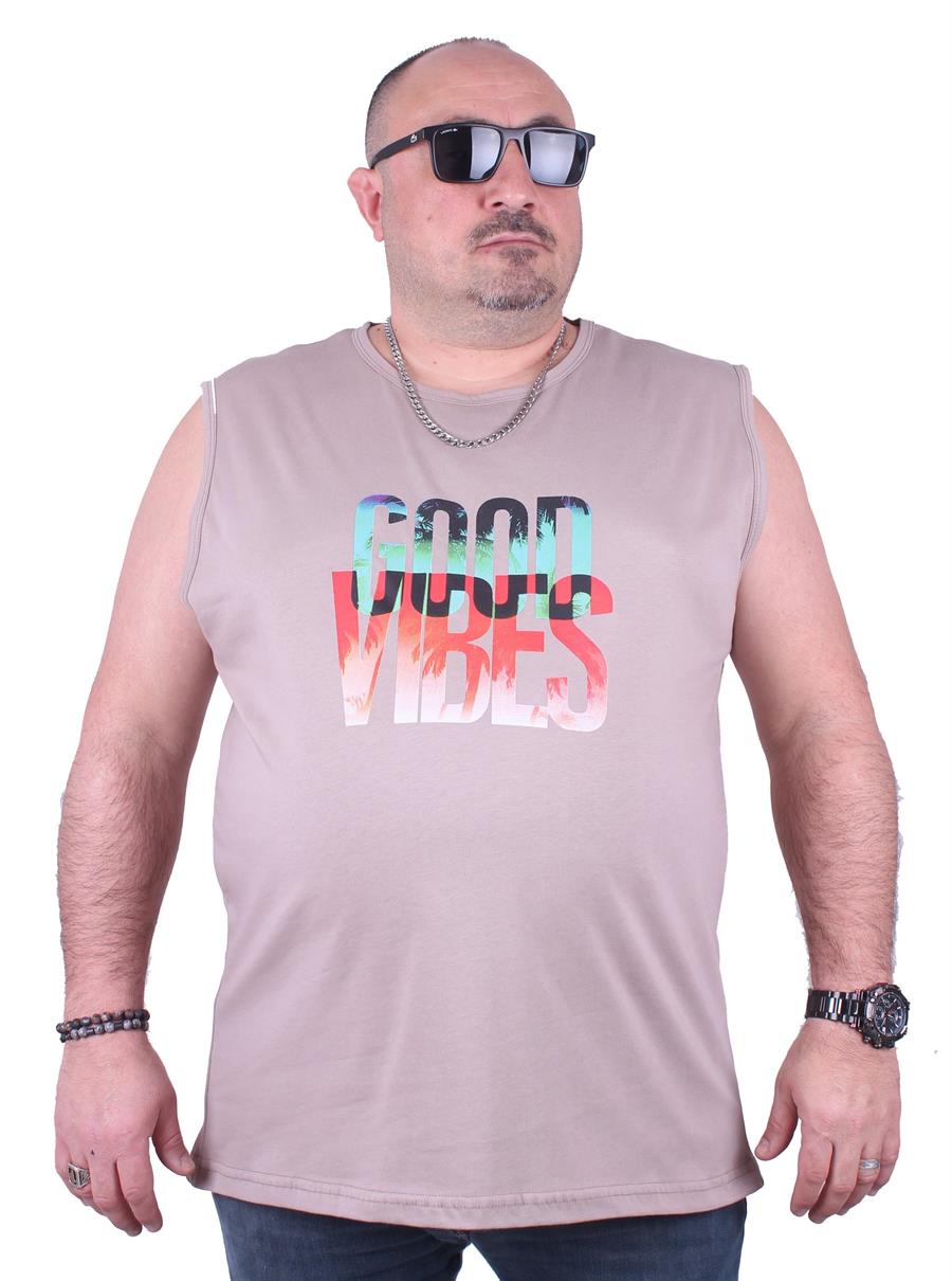 Mocgrande Büyük Beden Erkek Baskılı Kolsuz Tişört Good Vibes 23141 TOPRAK