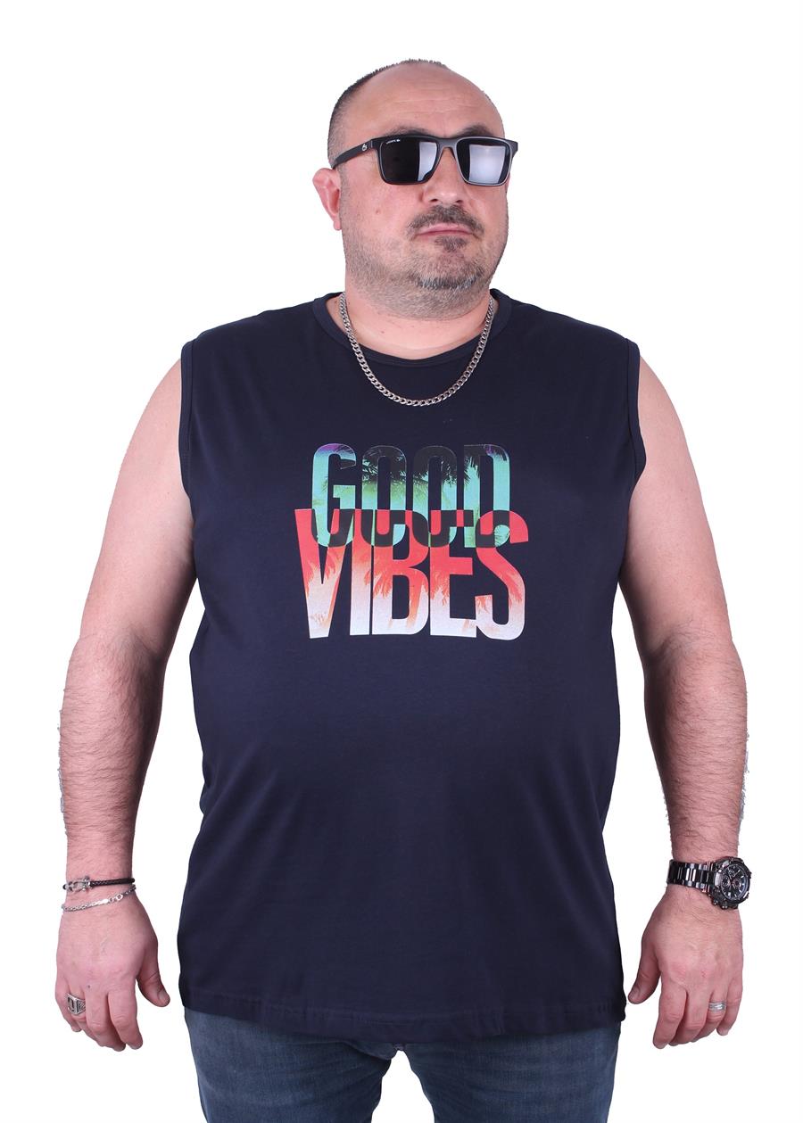 Mocgrande Büyük Beden Erkek Baskılı Kolsuz Tişört Good Vibes 23141 LACIVERT