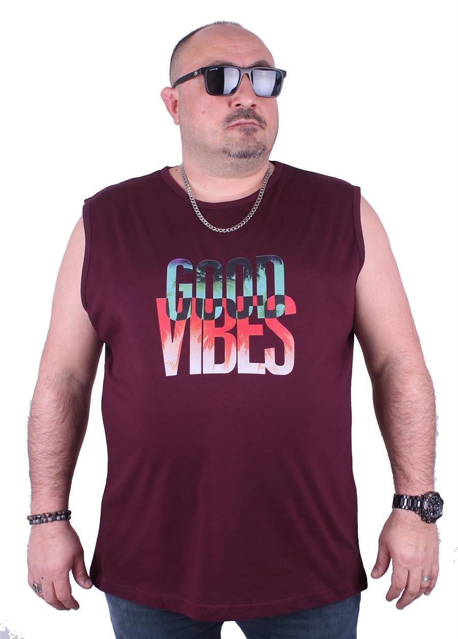 Mocgrande Büyük Beden Erkek Baskılı Kolsuz Tişört Good Vibes 23141 BORDO