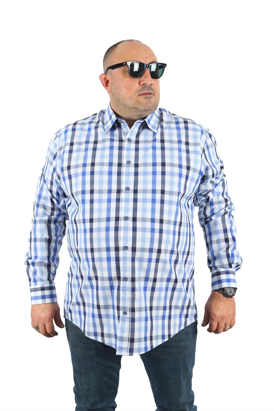 Mocgrande Büyük Beden Erkek Küçük Kareli Gömlek 23361 BEYAZ