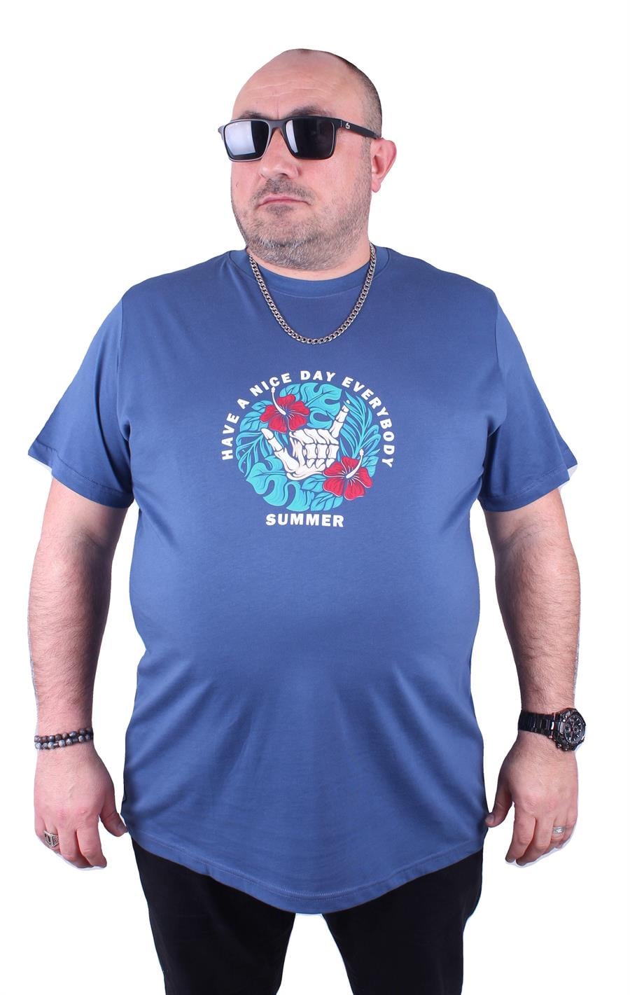 Mocgrande Büyük Beden Erkek Sıfır Yaka Tişört Summer 23119 INDIGO