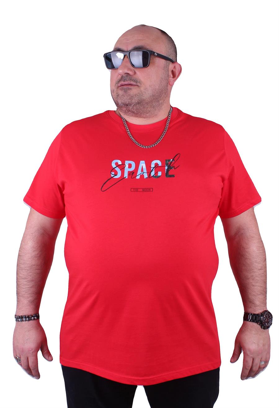 Mocgrande Büyük Beden Erkek Sıfır Yaka Tişört Space 23123 KIRMIZI