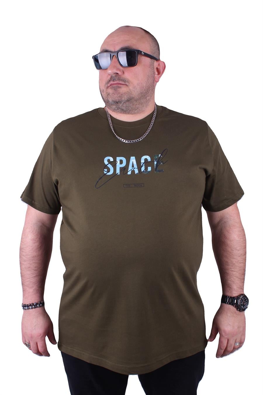Mocgrande Büyük Beden Erkek Sıfır Yaka Tişört Space 23123 Askeri Yeşil