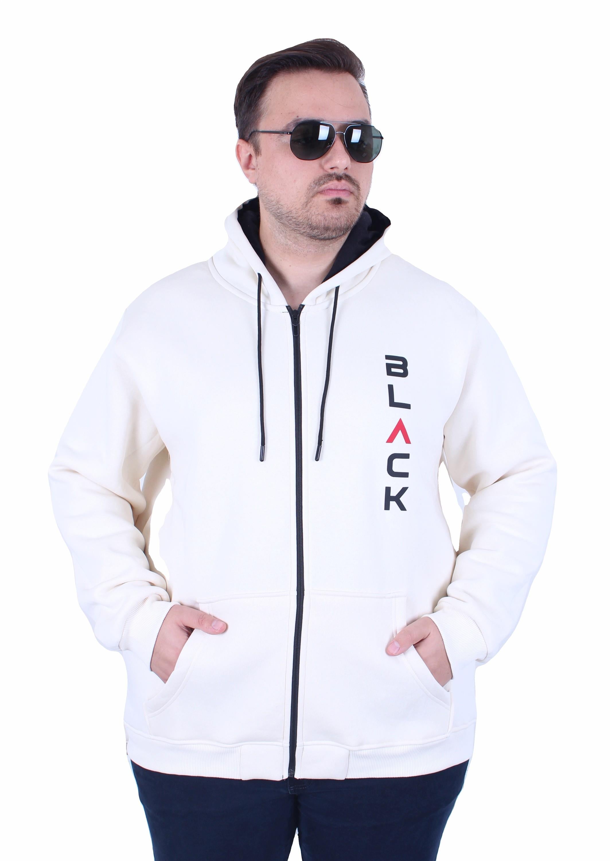 MocGrande Büyük Beden Kapüşonlu Fermuarlı 3ip Sweat Black 25716 BEJ
