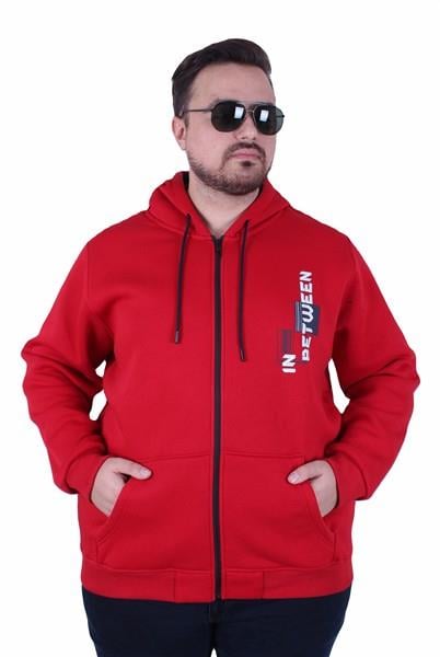 MocGrande Büyük Beden Kapüşonlu Fermuarlı 3ip Sweat İn Between 25717 KIRMIZI